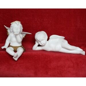 CUTE! Vintage 2 Angel Cherub Shelf Sitter White Trimmed in Gold Vintage Bisque